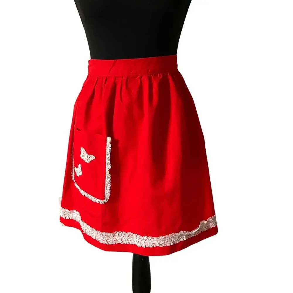 Elegant Red Apron with Lace Trim